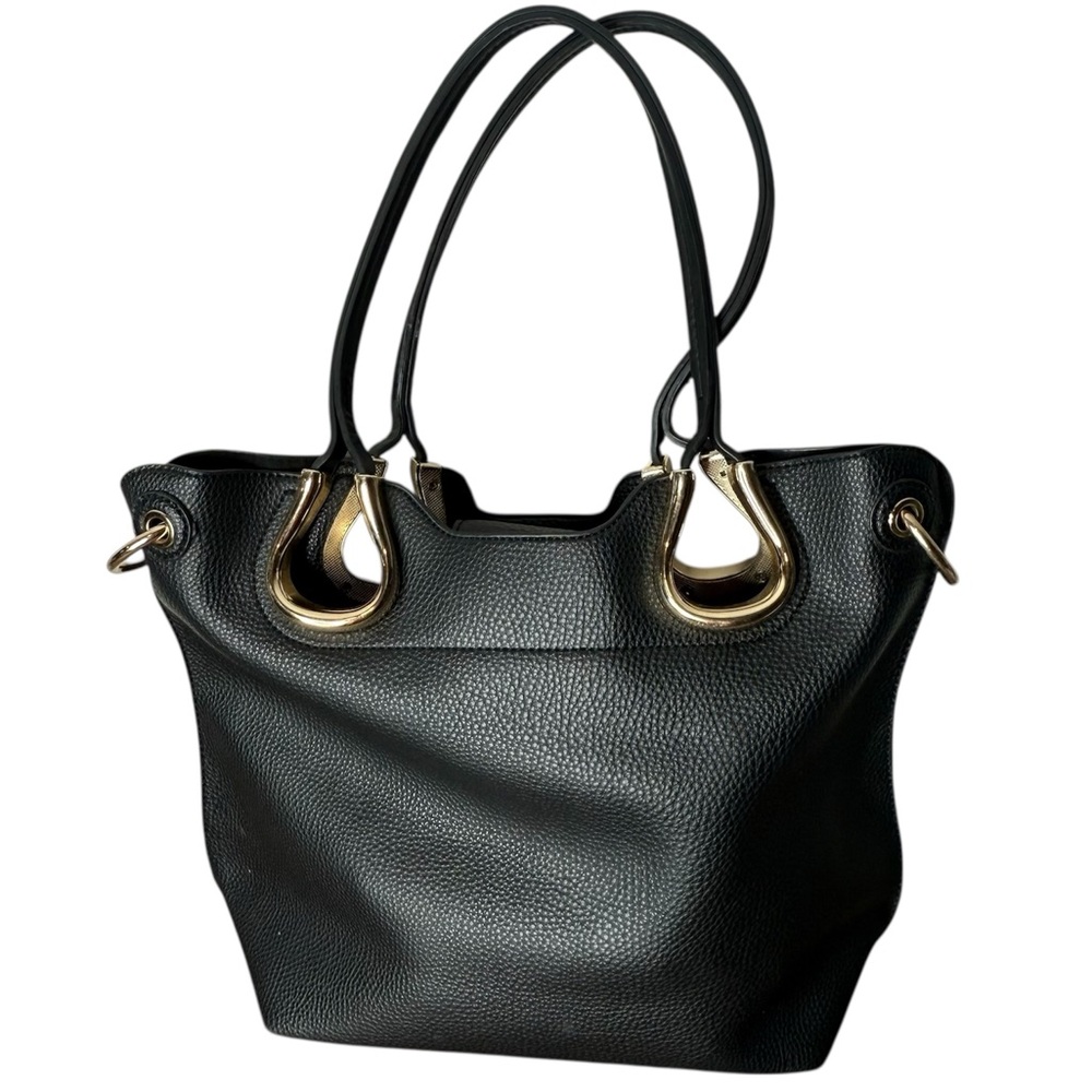 Black Pebbled Leather Shoulder Bag with Gold Hardware